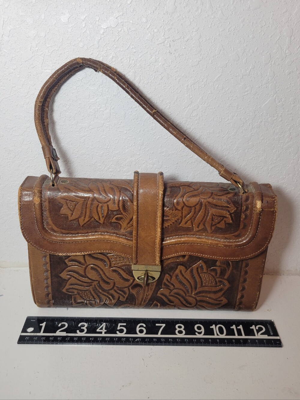 Vintage Tooled Leather Satchel Purse Flores Bags Brown Boho Western Mexico Read - Picture 8 of 11